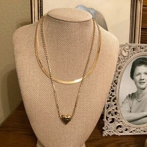 Herringbone & Rhinestone/Puffed Hammered Heart Layered Necklaces (2 piec…